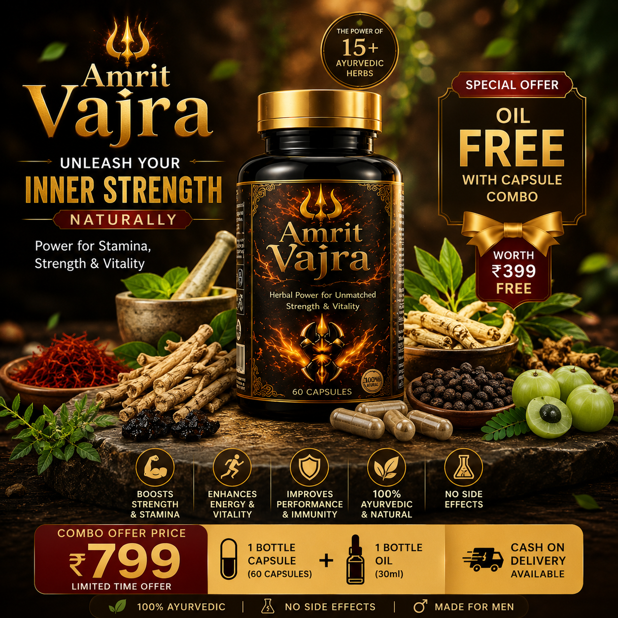 Amrit Vajra Combo | Oil And Capsule | Pure And Natural | 30 Capsule | 15ML